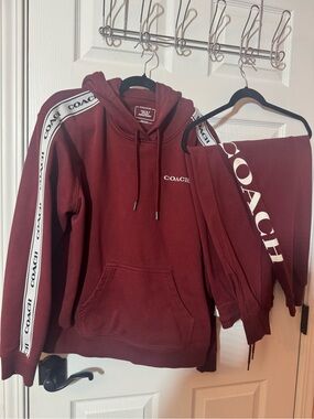 Coach jogger SET Burgundy Pullover Sweatshirt with White Logo Print